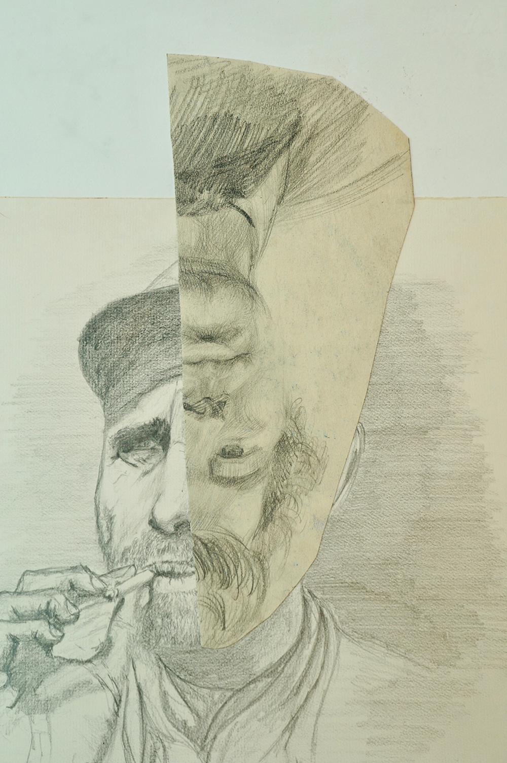 John Baker’s portrait “Smoker” is a pencil drawing on paper with collage 22 inches by 14 ½ inches. Concentration and disorientation are both well captured in the smoker’s face, which synthesizes into a coherent expression even though one half of it