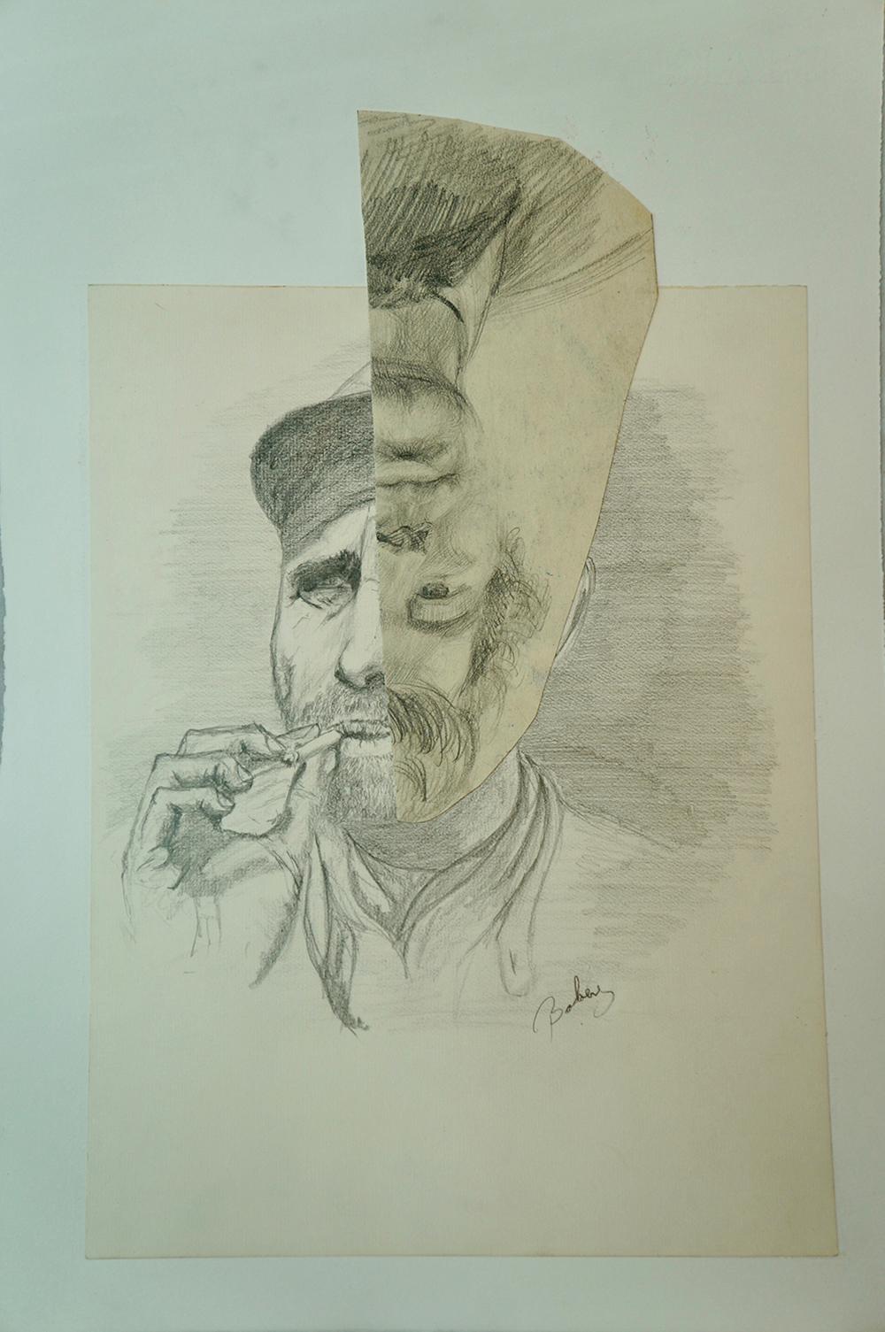 "Smoker", contemporary, pencil on paper, portrait, collage, drawing