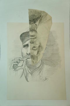 "Smoker", pencil on paper, collage, drawing, portrait