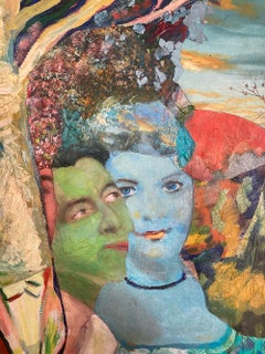 "Surprise in the Garden", Surrealist, Green, Blue, Collage, Acrylic Painting