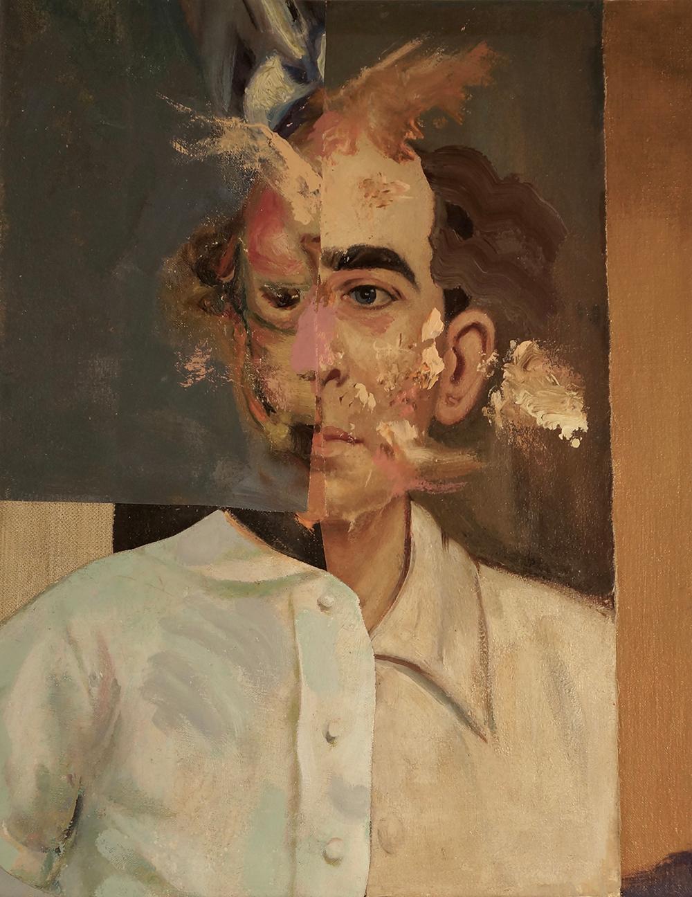 "The Post-Truth Era III", Surrealist Portrait, Brown, Collage, Acrylic Painting - Mixed Media Art by John Baker