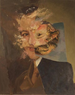"The Post-Truth Era IV", Surrealist Portrait, Brown, Collage, Acrylic Painting