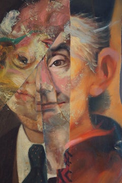 "La Era de la Posverdad VI", Retrato Surrealista, Marrón, Collage, Pintura Acrílica