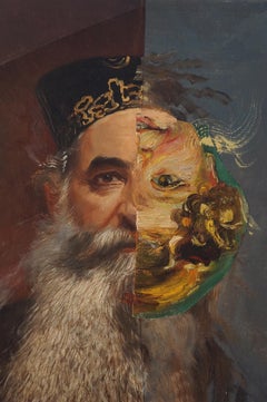 "The Post-Truth Era VII", Surrealist Portrait, Brown, Collage, Acrylic Painting