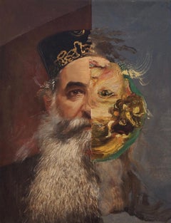 "The Post-Truth Era VII", Surrealist Portrait, Brown, Collage, Acrylic Painting