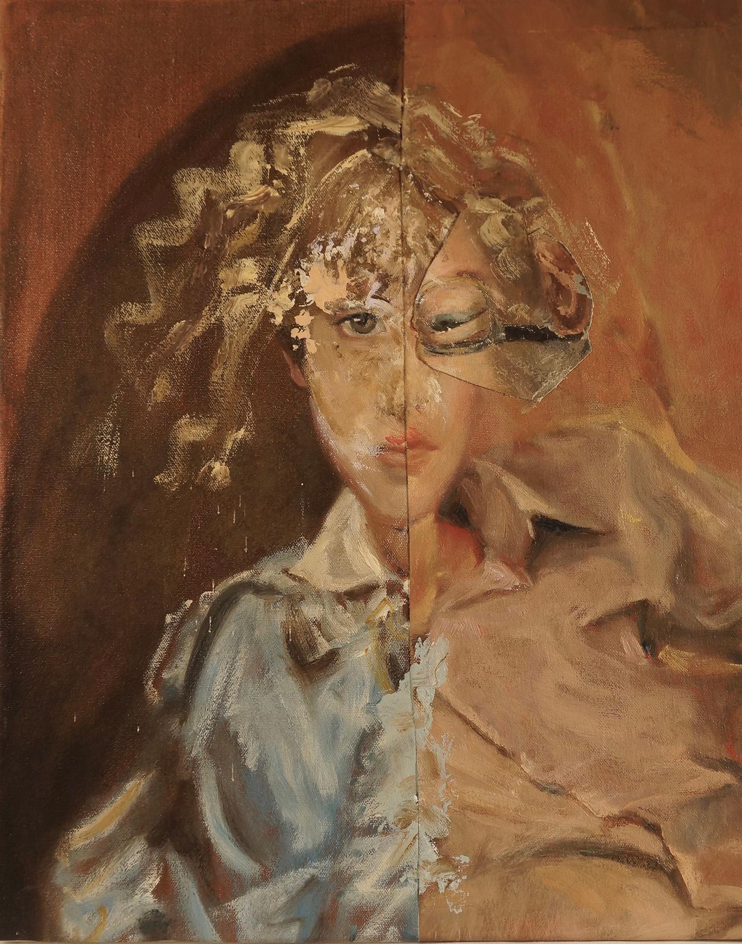 "The Post-Truth Era VIII", Surrealist Portrait, Brown, Collage, Acrylic Painting