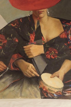 "The Red Hat", Surrealist Portrait, Grey, Black, Collage, Acrylic Painting