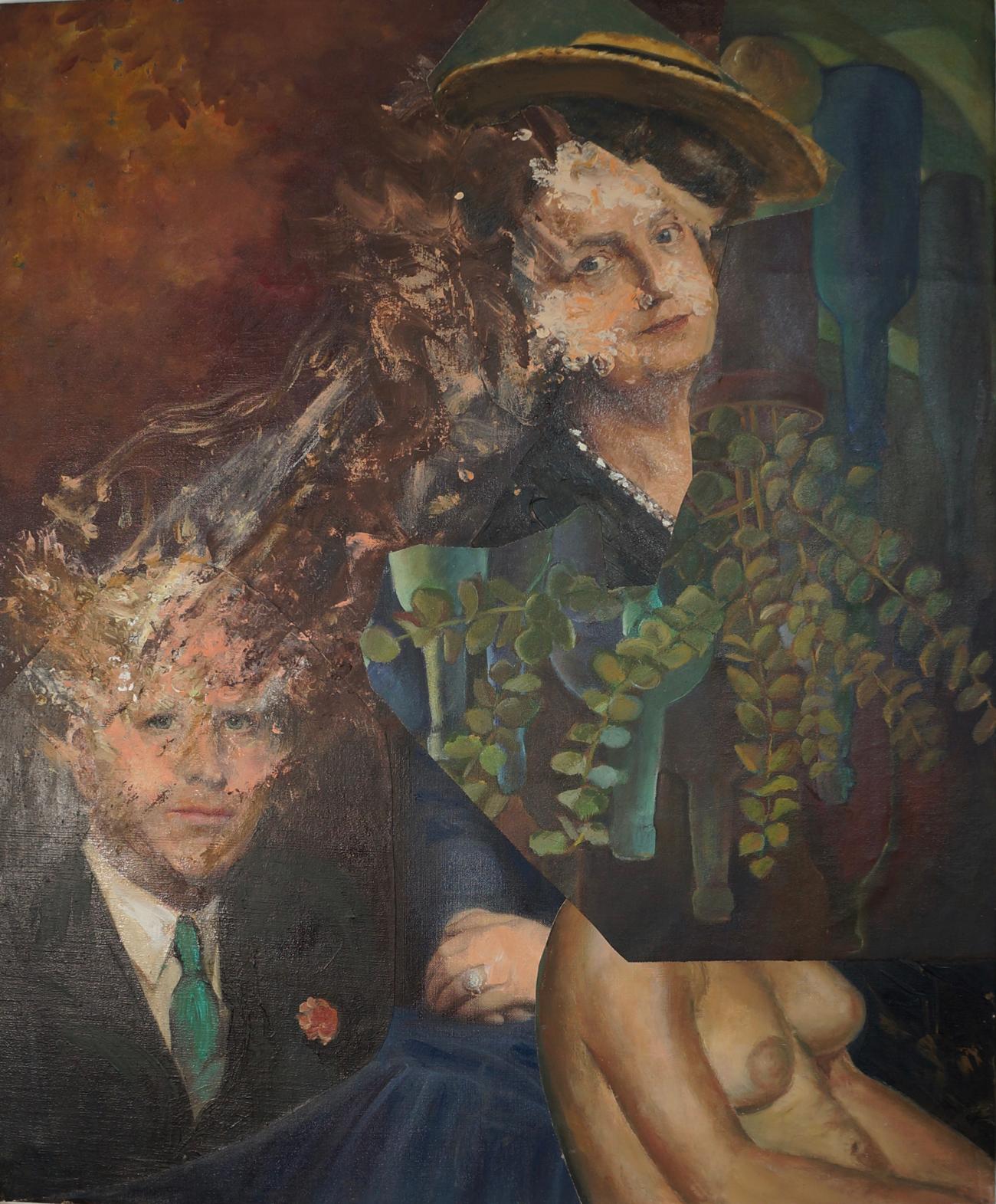 John Baker Figurative Painting - "My Neighbors Became Lovers: An Imaginary Double Portrait", mixed media, collage