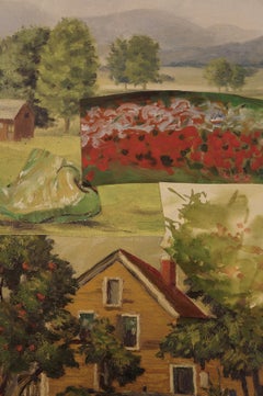 "Upstate", Surrealist Landscape, Farm, Red, Green, Collage, Acrylic Painting