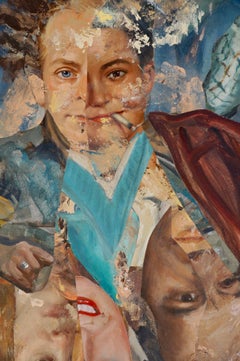 "Young Son with his Parents", Contemporary Portrait, Collage, Acrylic Painting