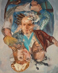 « Jeune fils avec ses parents », collage, peinture à l'acrylique, bleu, marron, jaune