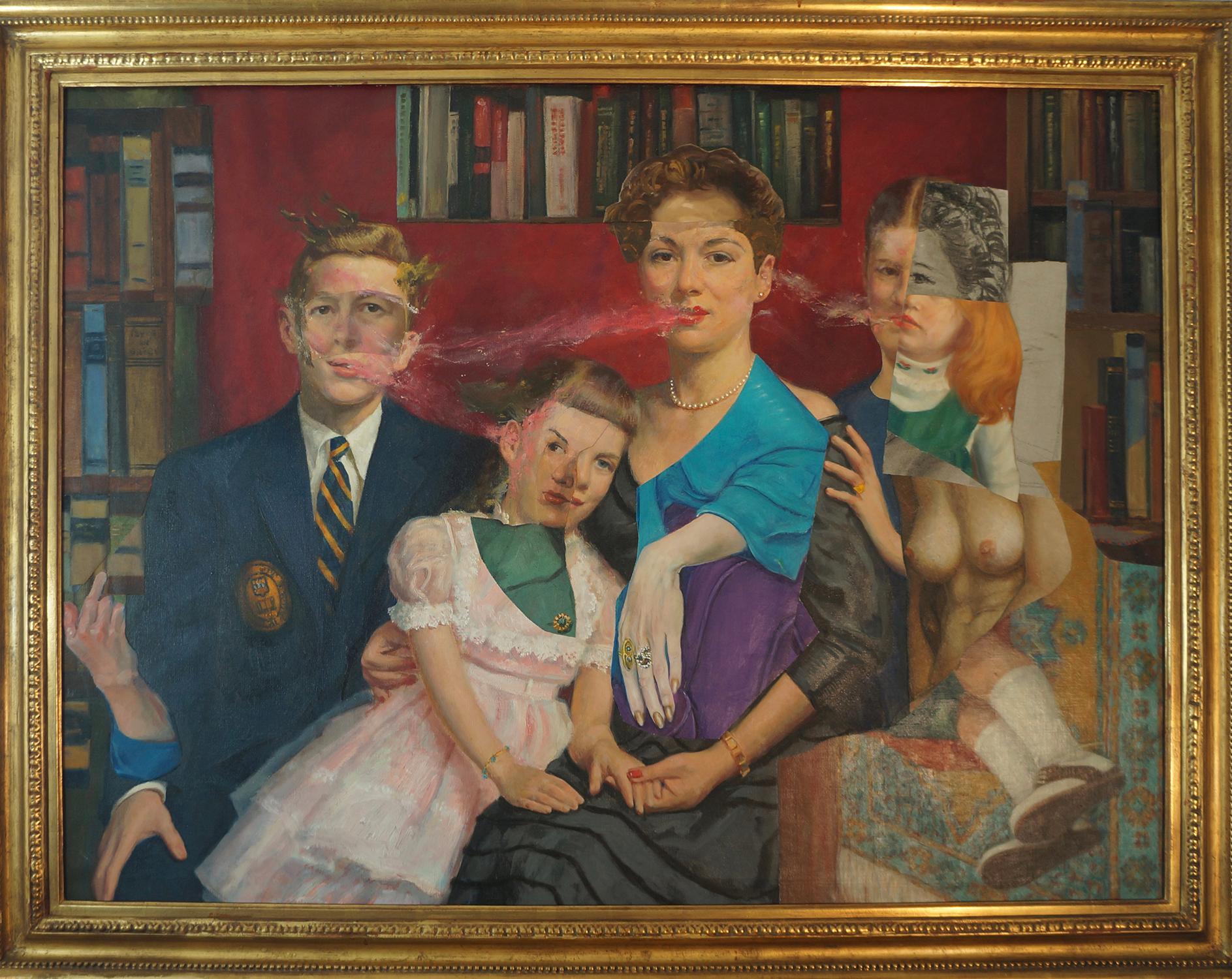 « A Family of Means », surréaliste, bleu, rouge, rose, techniques mixtes, peinture acrylique