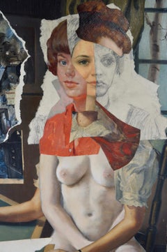 "The Easel", zeitgenössisch, Porträt, rot, blau, Acryl, Collage, Mischtechnik