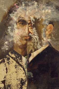 "AI Takes Over", Surrealist, Porträt, Braun, Schwarz, Collage, Acrylmalerei