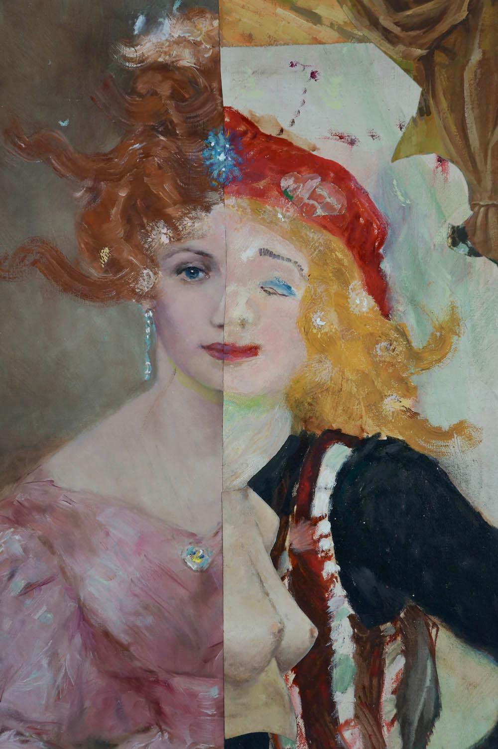 John Baker’s “At the Cotillion: an Imaginary Portrait”, a 48 x 34 x 1.5 inch acrylic painting with collage on canvas, is from the artist’s Socialite series. Half bejeweled debutante/matron in pink with auburn hair and half fashion-less, rag-tag