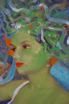"Aurora", Contemporary, Woman, Green, Blue, White, Acrylic, Collage, Mixed Media