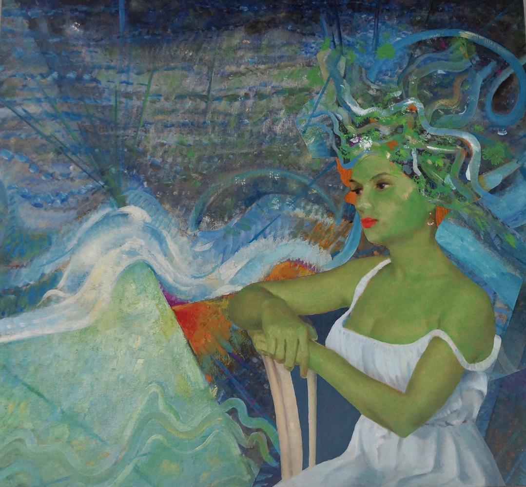 "Aurora", acrylic, collage, painting, woman, greens, blues, mixed media - Painting by John Baker