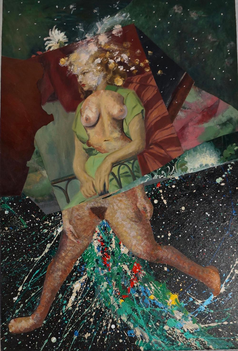 "Birth of a Galaxy", collage, portrait, maroon, green, acrylic painting - Painting by John Baker