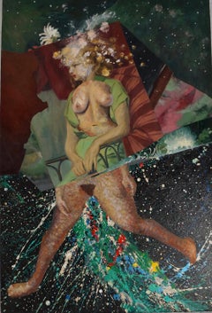 "Birth of a Galaxy", collage, portrait, maroon, green, acrylic painting