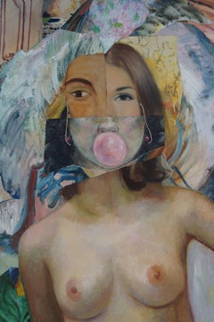 "Bubblegum Girl", Contemporary Portrait, Pink, Nude, Collage, Acrylic Painting