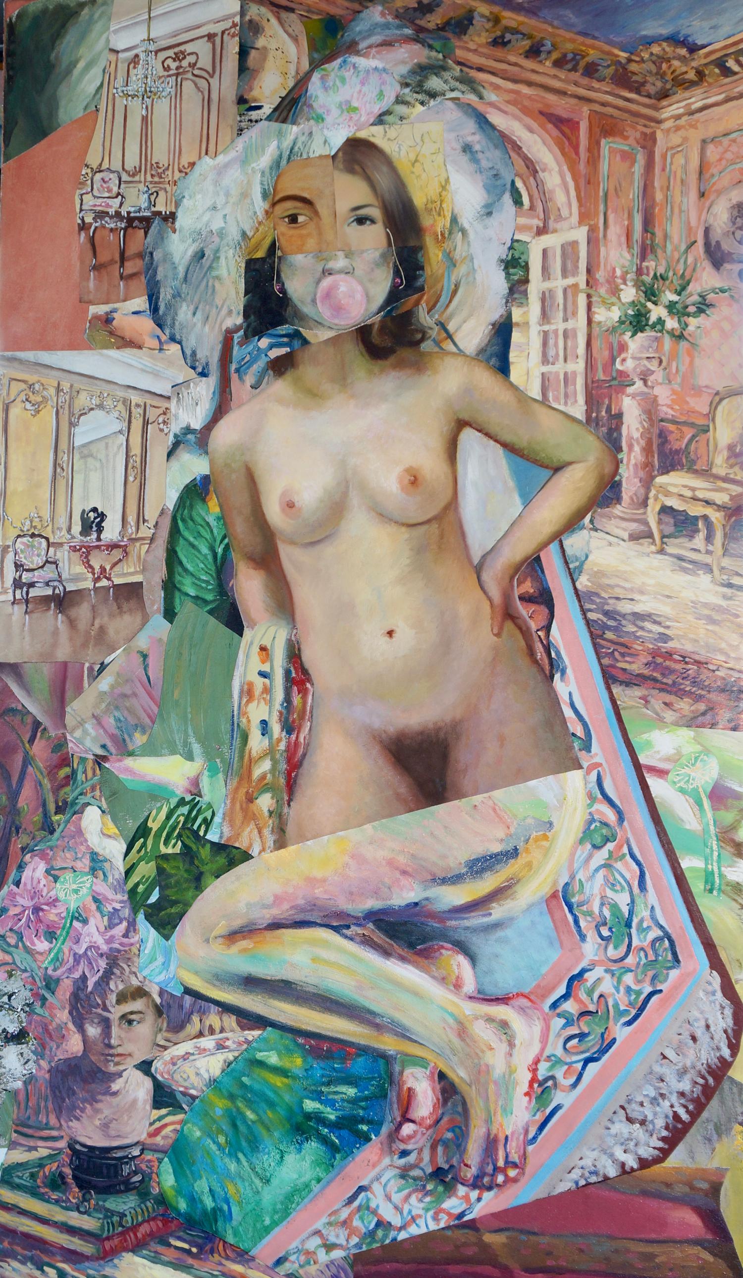 « Bubblegum Girl », portrait, collage, rose, vert, inquiétant, peinture à l'acrylique