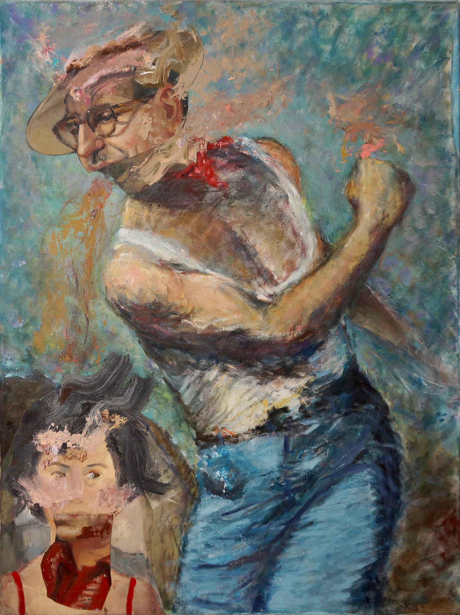 John Baker Portrait Painting - "Domestic Dispute", contemporary, collage, woman, man, blue, red, mixed media