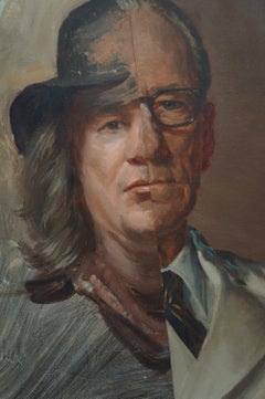 "Down he Goes I", Contemporary Portrait, Male, Grey, Collage, Acrylic Painting