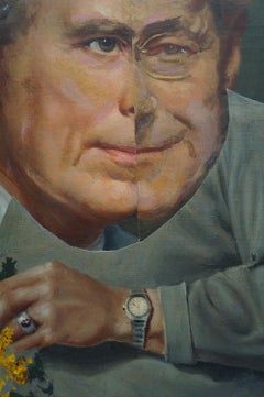 "Down he Goes III", Zeitgenössisches Männerporträt, Collage, Acrylmalerei