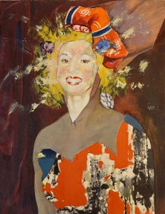 "Dressing the Sewing Dummy", Surrealist, Red, Blue, Collage, Acrylic Painting