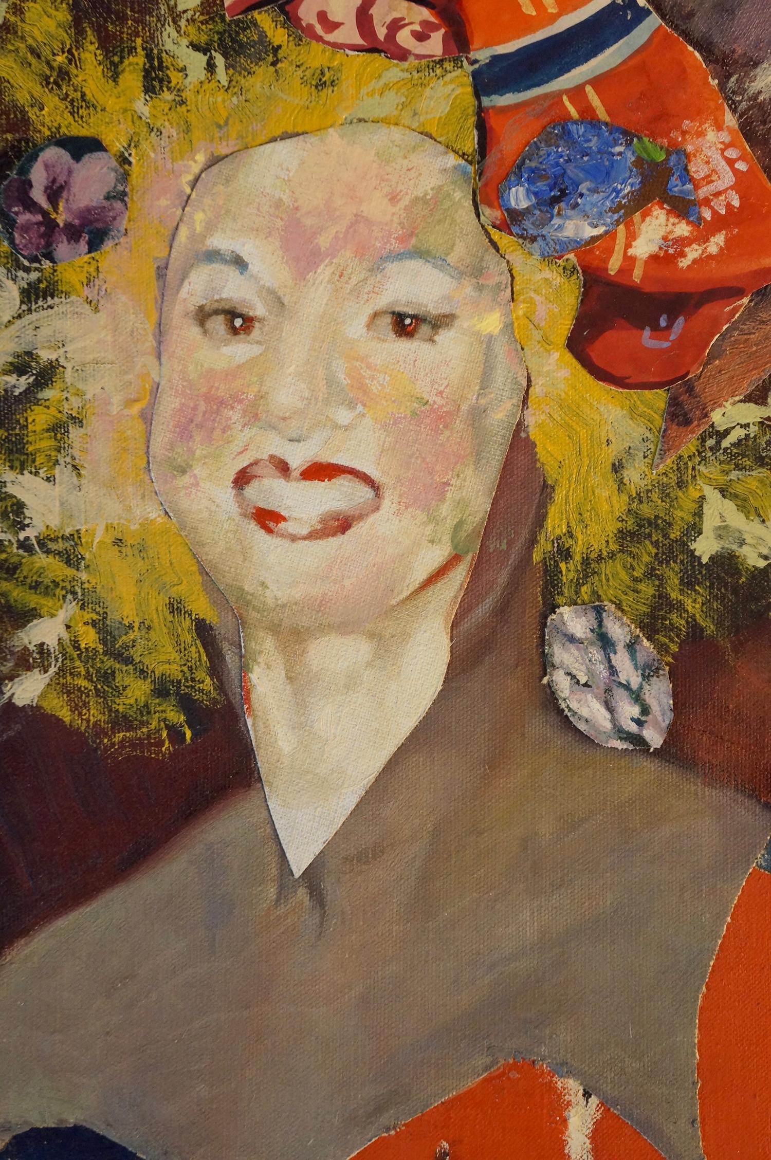 John Baker’s “Dressing the Sewing Dummy” is an acrylic painting on canvas with collage 38 x 20 inches by .75 inch in reds, yellows, blues and purples. A young seamstress is elated by her emerging creation, a vibrant, expressionistic patterned dress.
