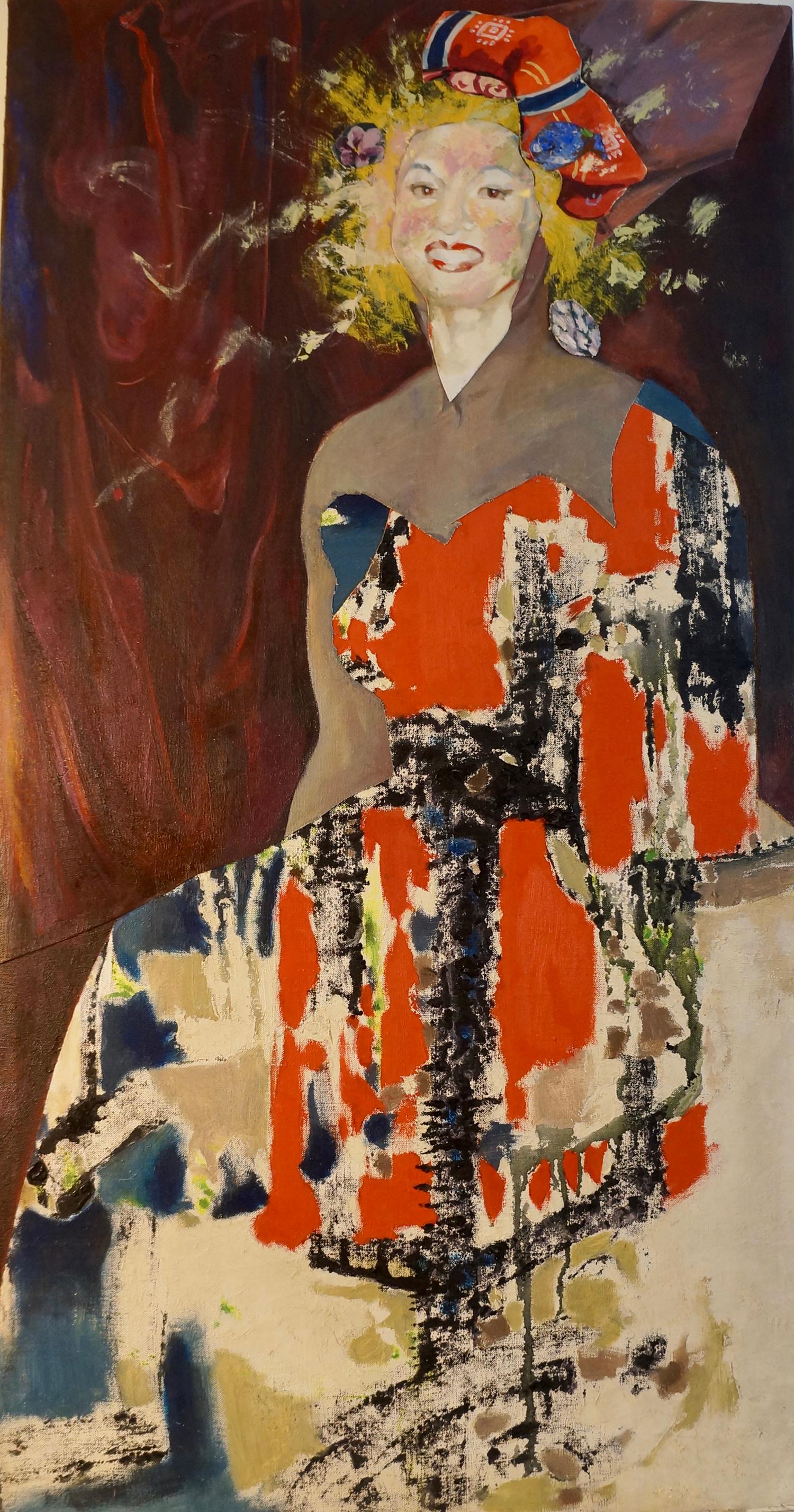 John Baker Portrait Painting - "Dressing the Sewing Dummy", Surrealist, Collage, Acrylic Painting, 2018
