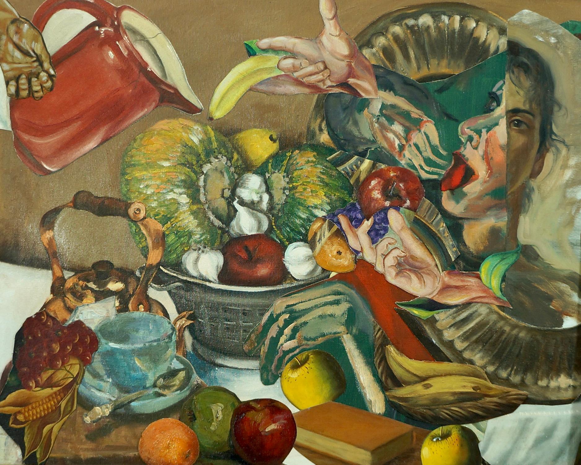 « Eating and Drinking I », surréaliste, rouge, vert, jaune, peinture acrylique - Surréalisme Mixed Media Art par John Baker