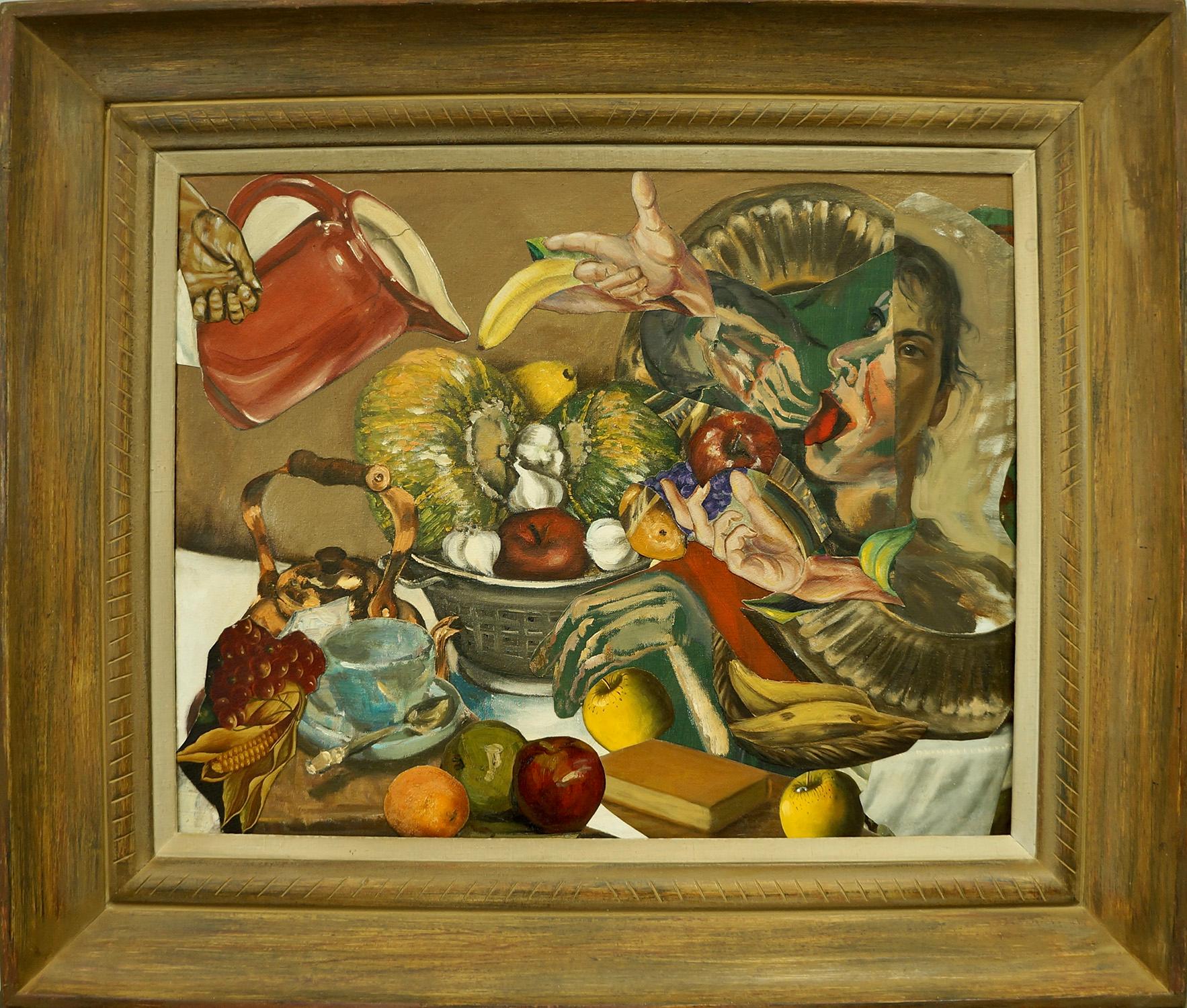 "Essen und Trinken I", surrealistisch, rot, grün, gelb, Acrylmalerei – Mixed Media Art von John Baker