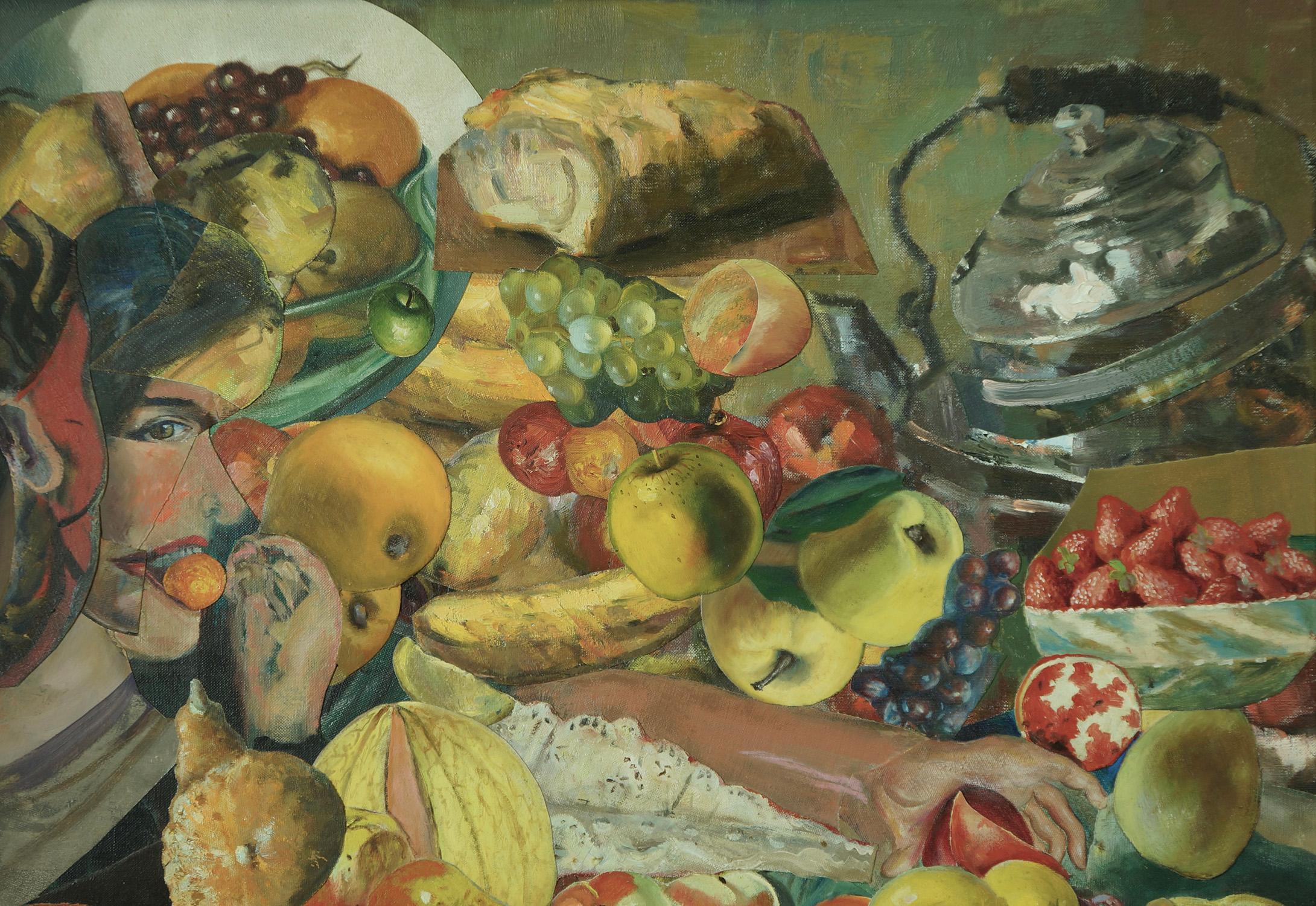 « Eating and Drinking II », surréaliste, rouge, vert, jaune, peinture acrylique - Surréalisme Mixed Media Art par John Baker