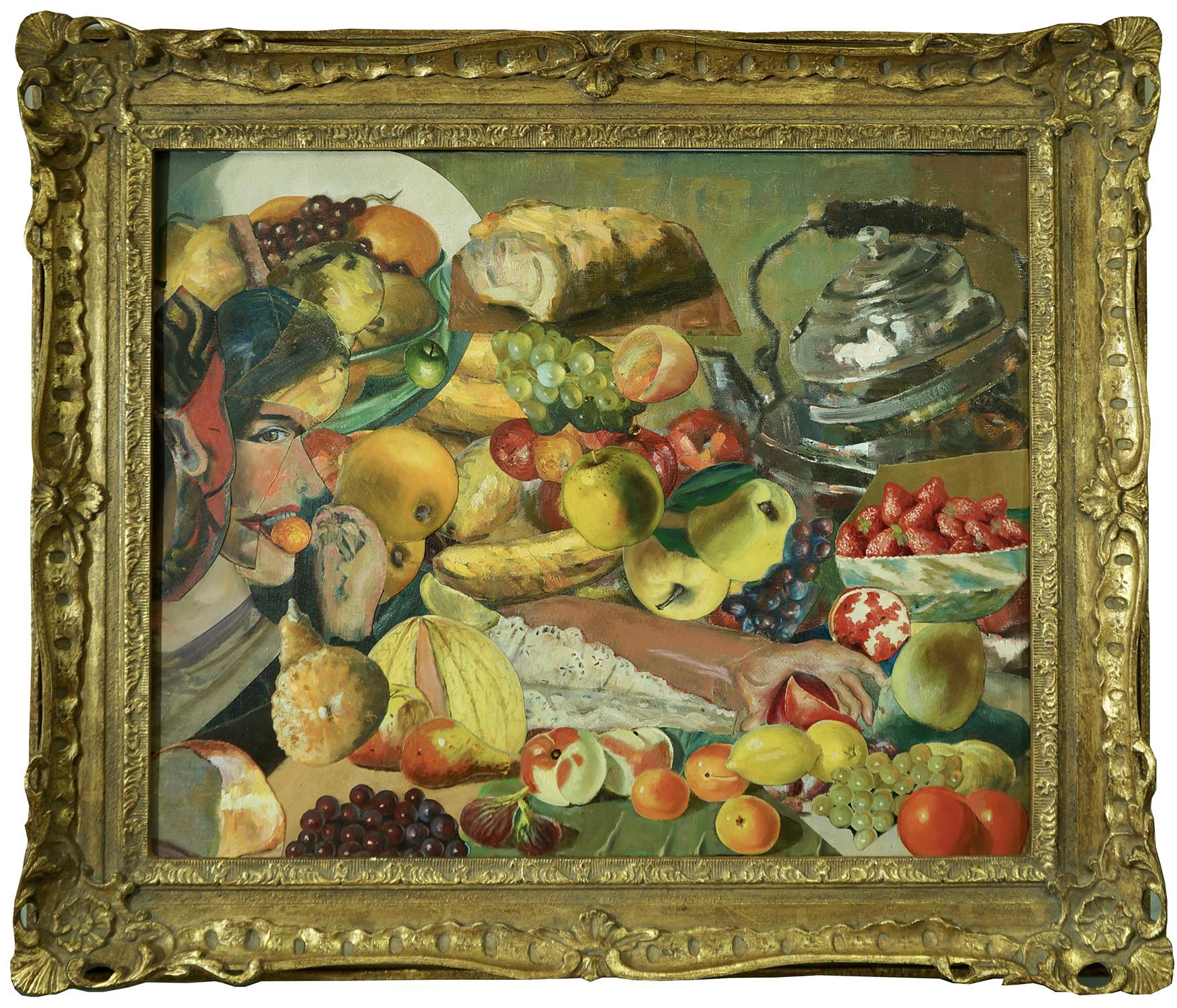 « Eating and Drinking II », surréaliste, rouge, vert, jaune, peinture acrylique - Mixed Media Art de John Baker