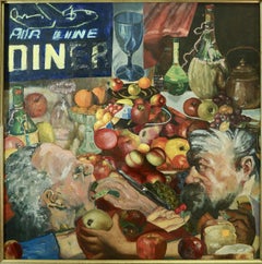 "Eating at the Airline Diner", surrealist, red, blue, yellow, acrylic painting