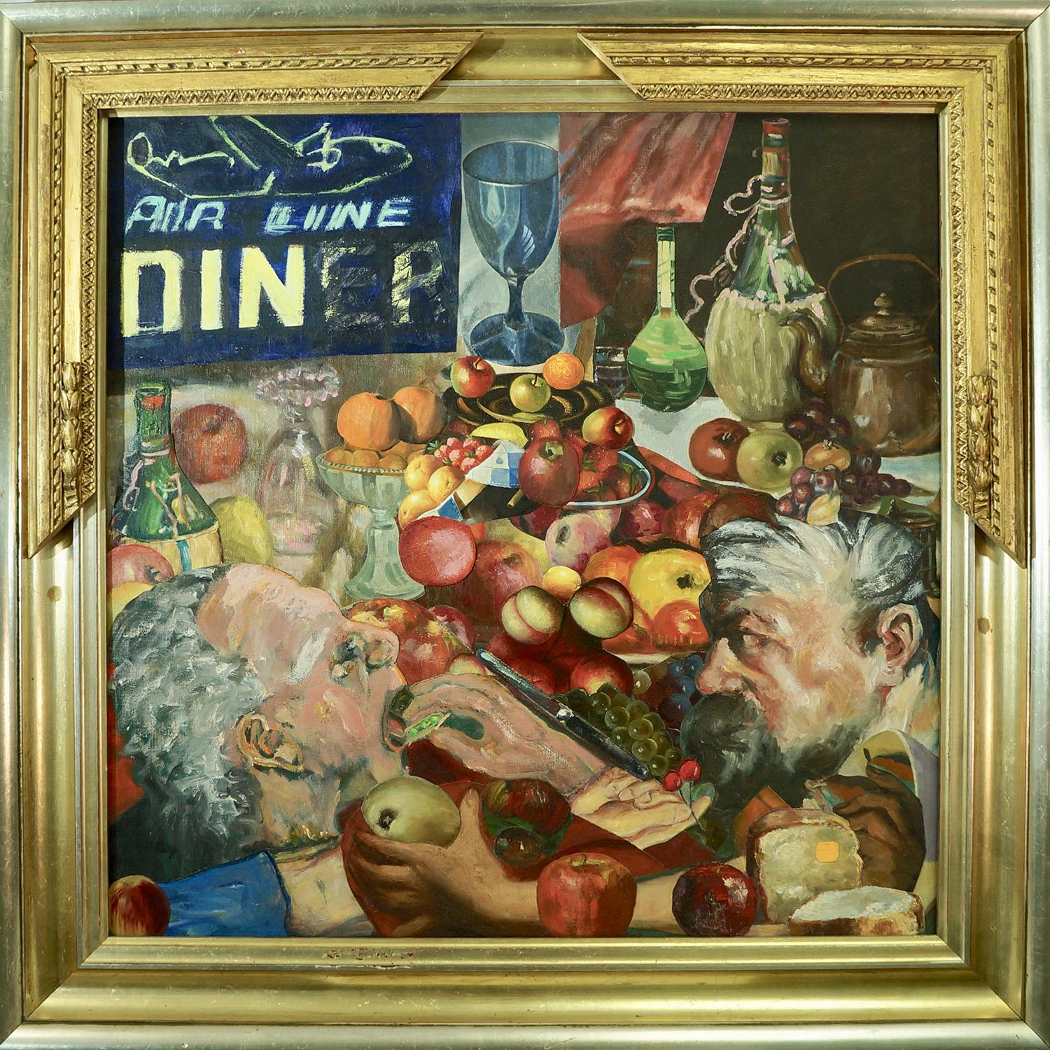 "Eating at the Airline Diner", surrealistisch, rot, blau, gelb, Acrylmalerei – Painting von John Baker
