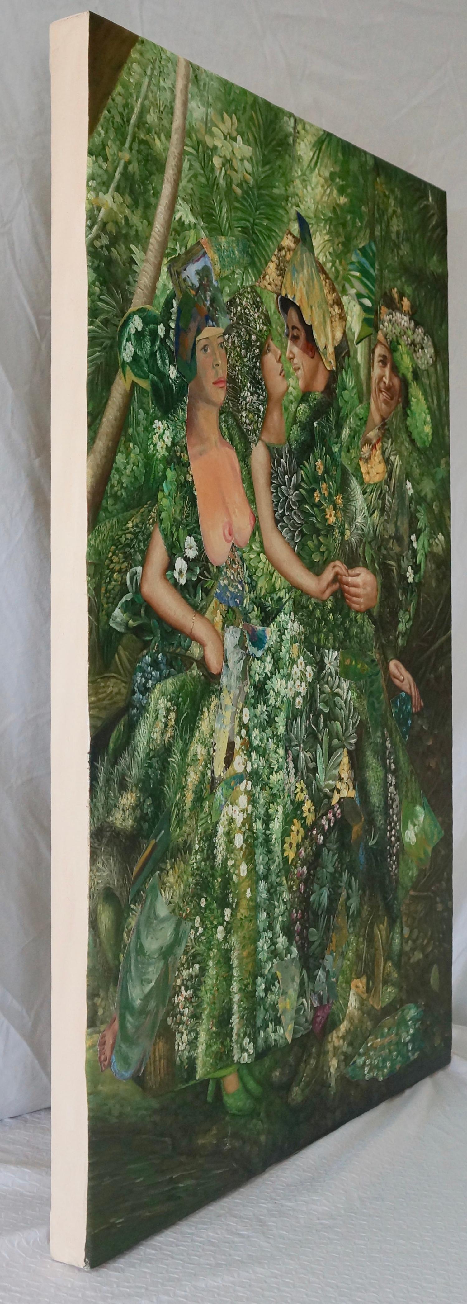 John Baker’s “Forest Embrace”, an acrylic painting on canvas with collage 38.5 x 26.5 inches in greens and whites with solar yellow highlights, is from the artist’s Sanctuary series. Tropical luxuriance is suggested by the great proliferation of