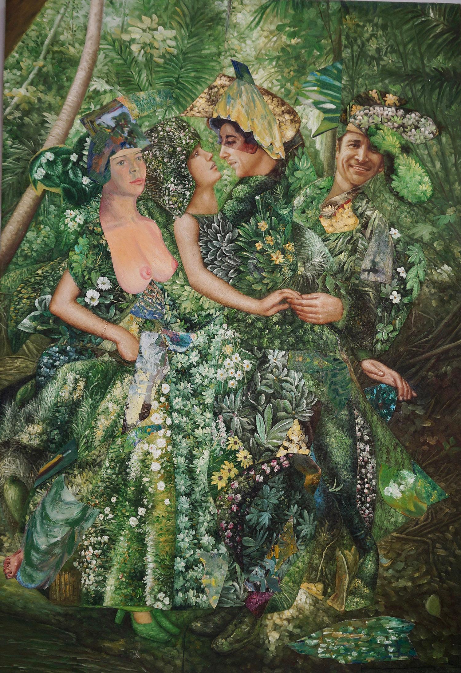 "Abrazo del bosque", Sureal, Verde, Acrílico, Técnica mixta, Collage, Pintura - Painting de John Baker