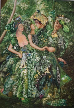 "Forest Embrace", Sureal, Green, Acrylic, Mixed Media, Collage, Painting