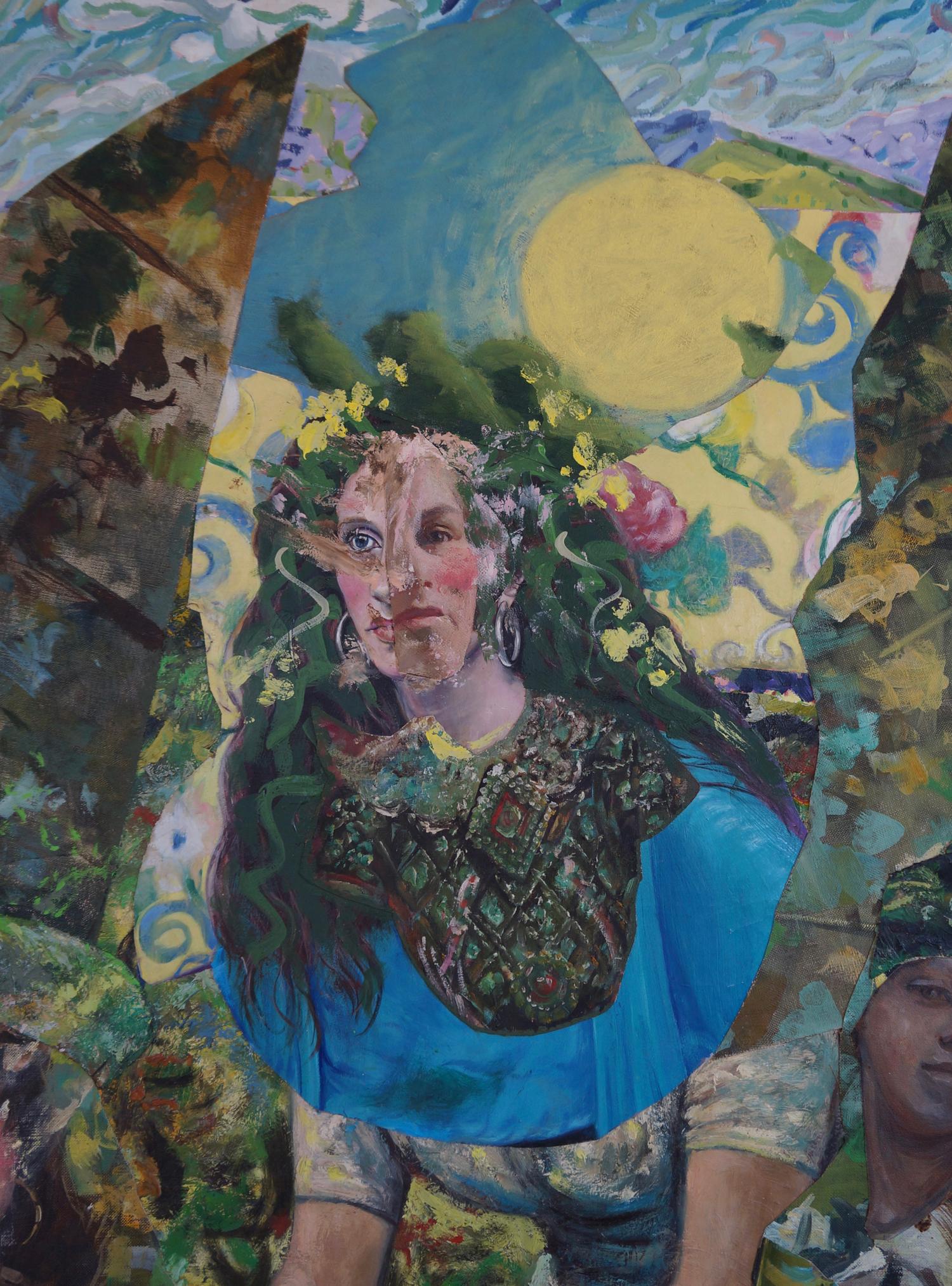 « Moisson », acrylique, techniques mixtes, collage, figure, forêt, verts, roses, jaunes - Contemporain Mixed Media Art par John Baker