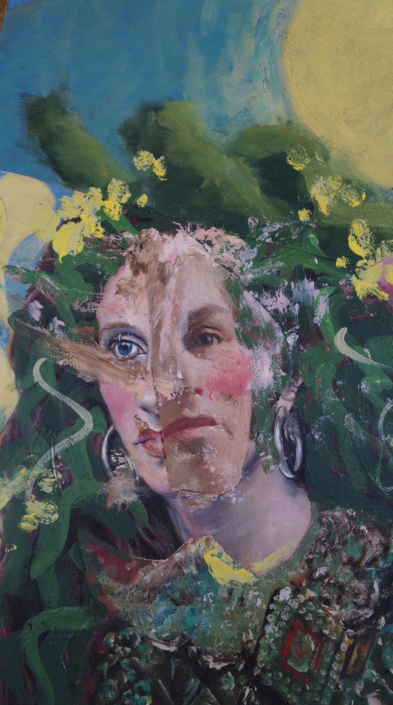 « Moisson », acrylique, techniques mixtes, collage, figure, forêt, verts, roses, jaunes en vente 2
