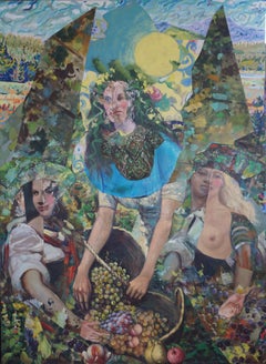 « Moisson », acrylique, techniques mixtes, collage, figure, forêt, verts, roses, jaunes