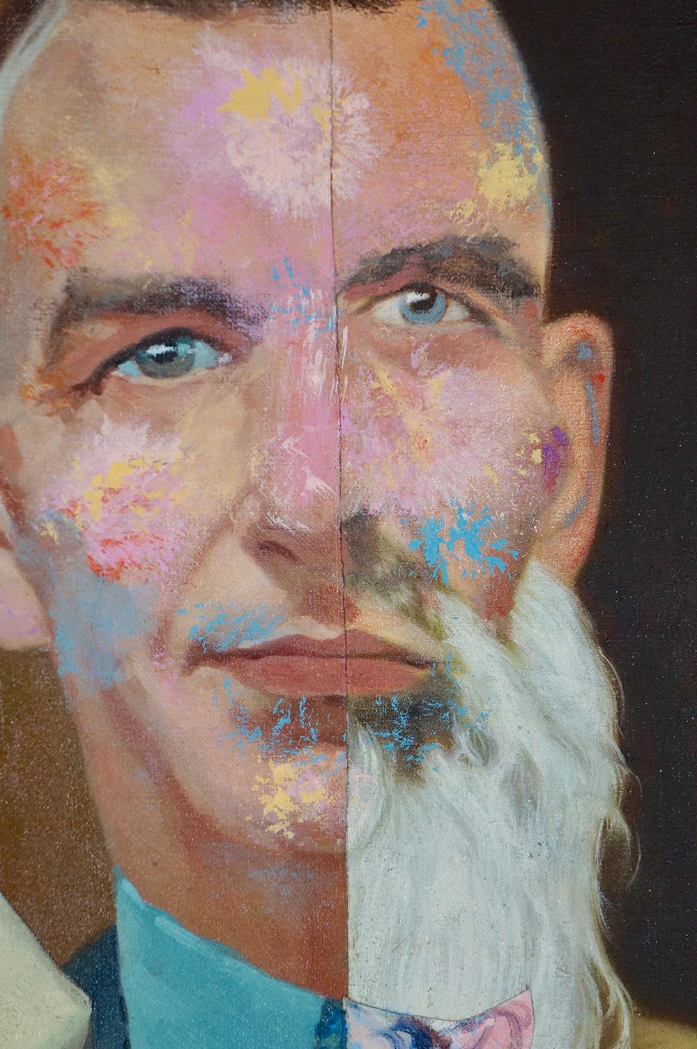John Baker’s “He Stayed Behind in Katmandu II” is an acrylic portrait painting on canvas with collage 23 x 16 inches in blues, tans, pinks and flesh tones. The western “suit” is being transformed by the eastern wisdom tradition. The figure’s face,