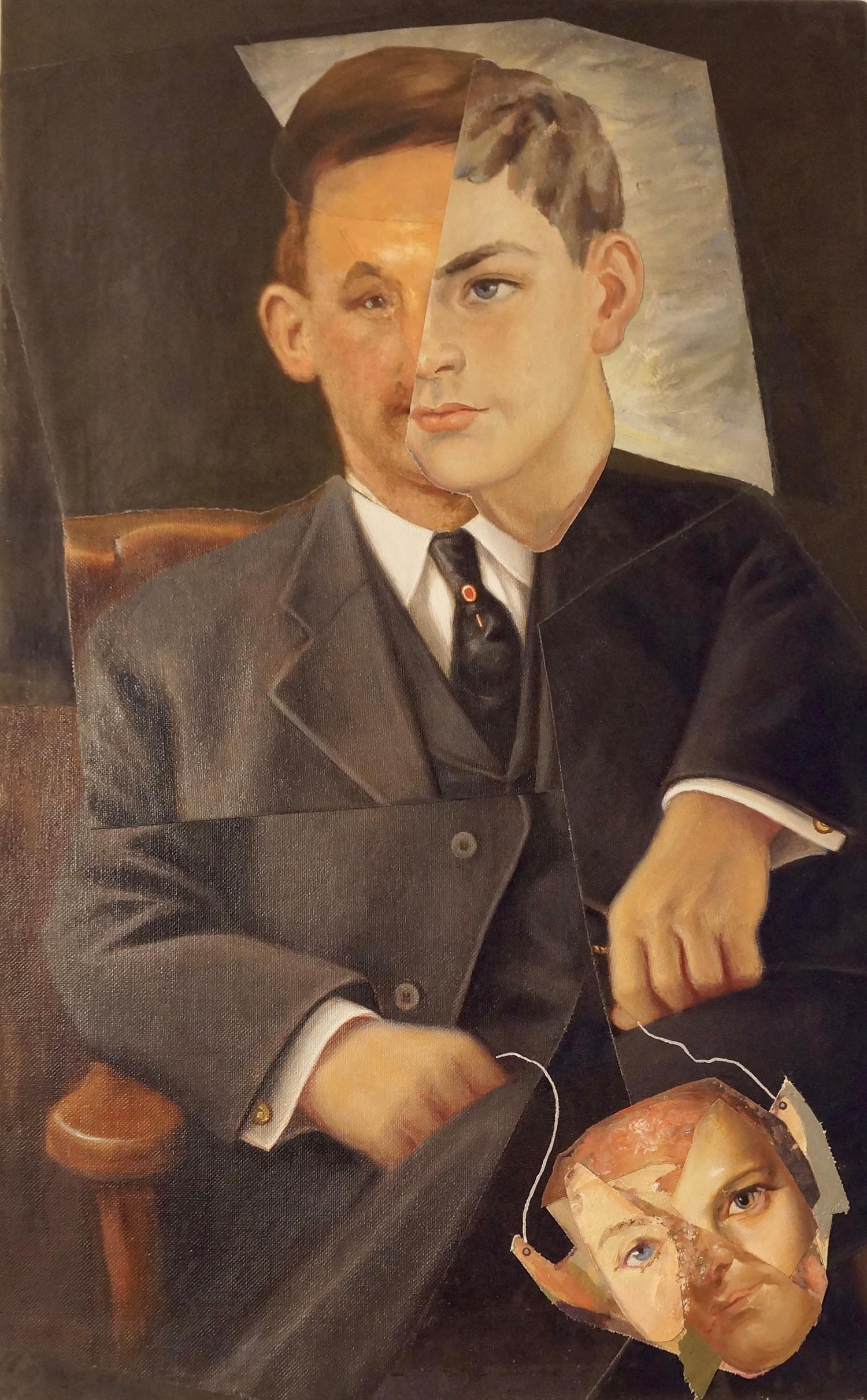 John Baker’s “Layers of the Self” is an acrylic painting on canvas with collage 32 x 20 inches in greys, blacks and whites, with flesh tones. Although quite young, the gentleman has already learned how to get by in the world of the establishment: by