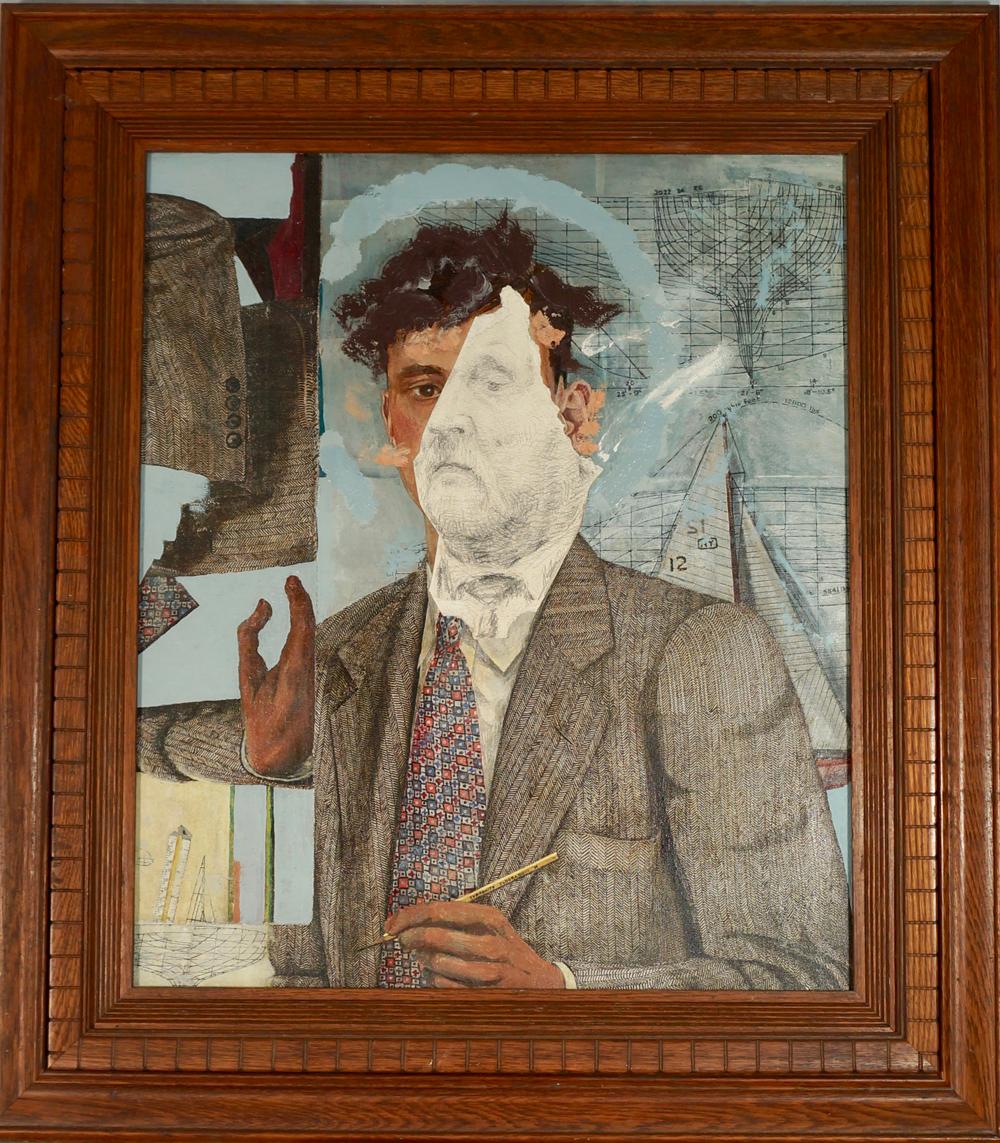 "Madman I", portrait, figure, folie, gris, Brown, collage, peinture acrylique. - Mixed Media Art de John Baker