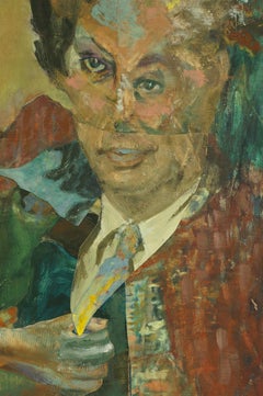 "Hombre ajustándose la corbata", surrealista, verde, rojo, azul, amarillo, pintura acrílica