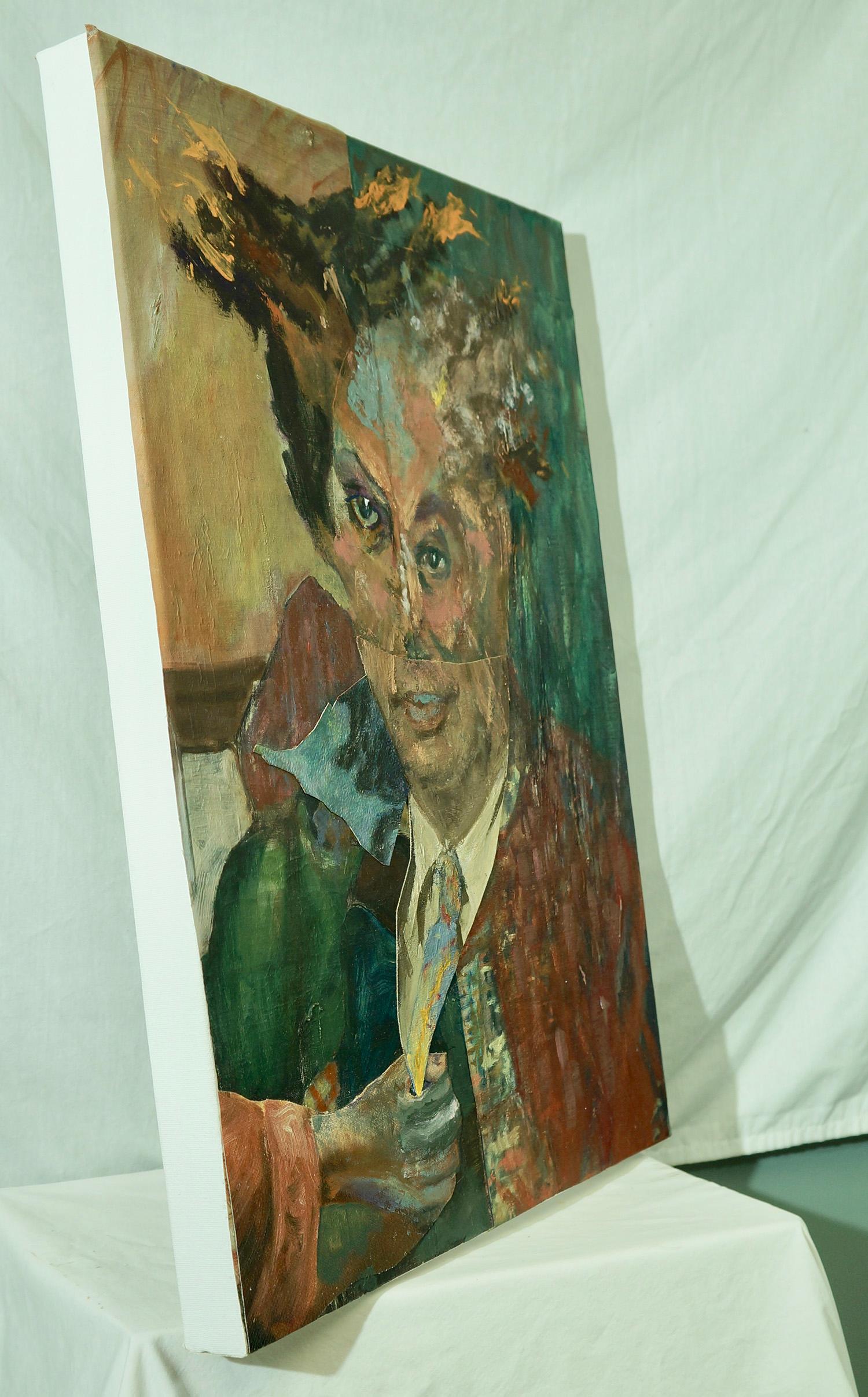 John Baker’s “Man Adjusting his Tie” is an acrylic painting on canvas 24 x 18 inches in greens and reds with blue and yellow color accents. The disheveled appearance of the man implies a certain fragmentation of self, or at least a certain lack of