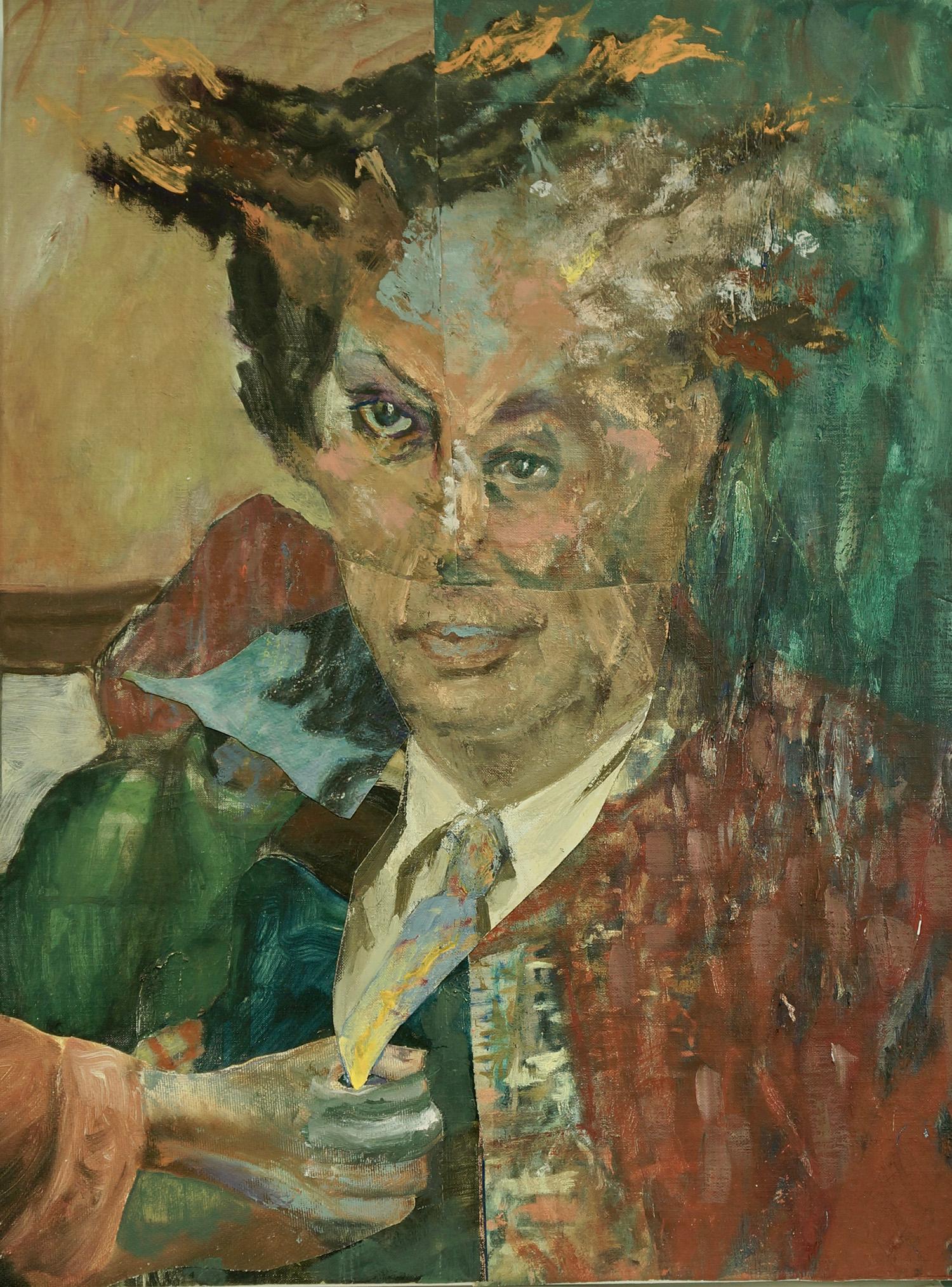 John Baker Portrait Painting - "Man Adjusting his Tie", surrealist, green, red, blue, yellow, acrylic painting