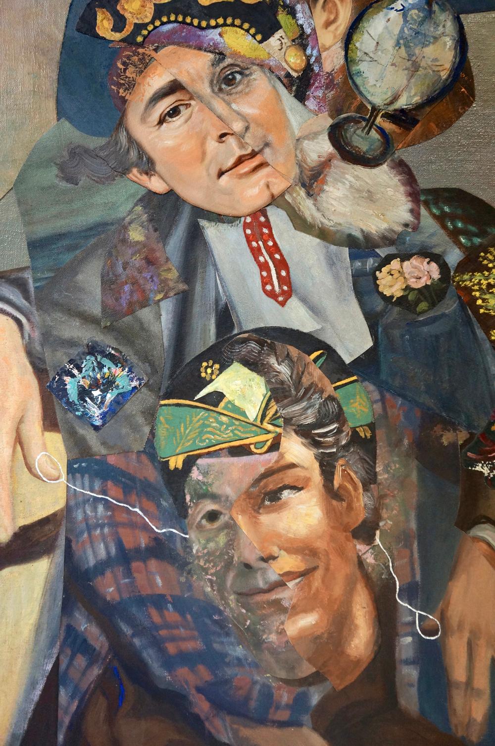 « Man of the World », acrylique, collage, portrait, peinture neutre, technique mixte - Painting de John Baker